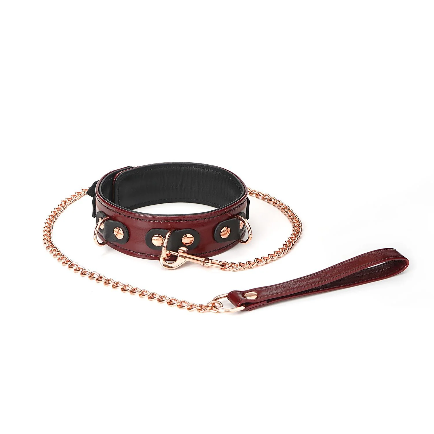 Wine Red - Leather
Deluxe collar with
chain, leash and
lock - Image 2